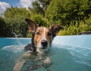 hond in hondenzwembad leren zwemmen